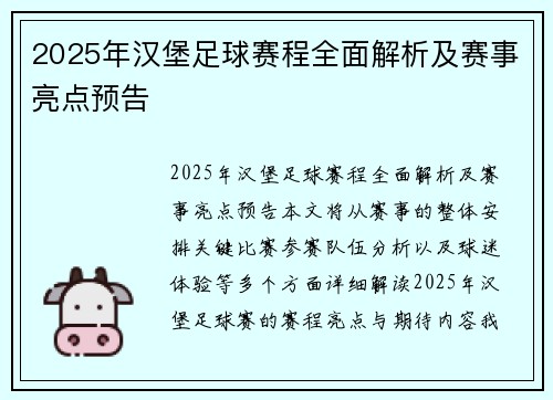 2025年汉堡足球赛程全面解析及赛事亮点预告