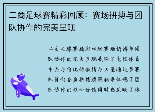 二商足球赛精彩回顾：赛场拼搏与团队协作的完美呈现