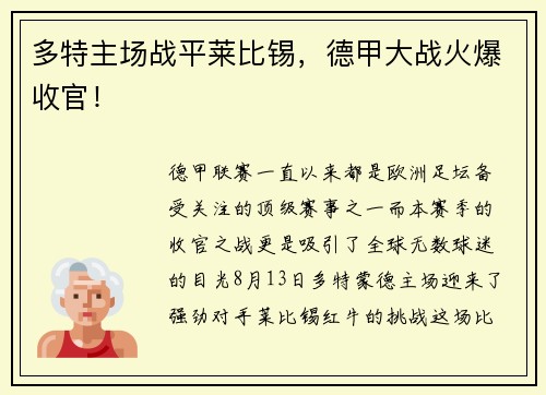 多特主场战平莱比锡，德甲大战火爆收官！