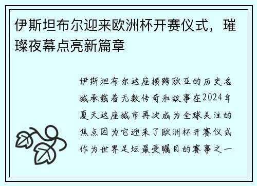 伊斯坦布尔迎来欧洲杯开赛仪式，璀璨夜幕点亮新篇章