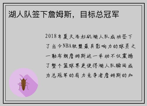 湖人队签下詹姆斯，目标总冠军