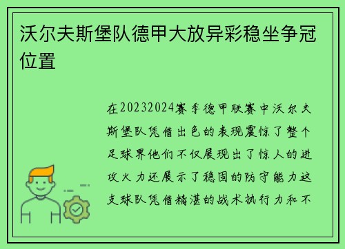沃尔夫斯堡队德甲大放异彩稳坐争冠位置